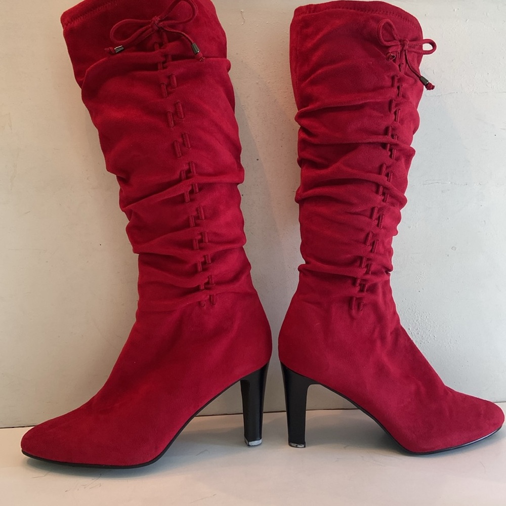 Red Ruched Knee-High Heeled Boots - Women